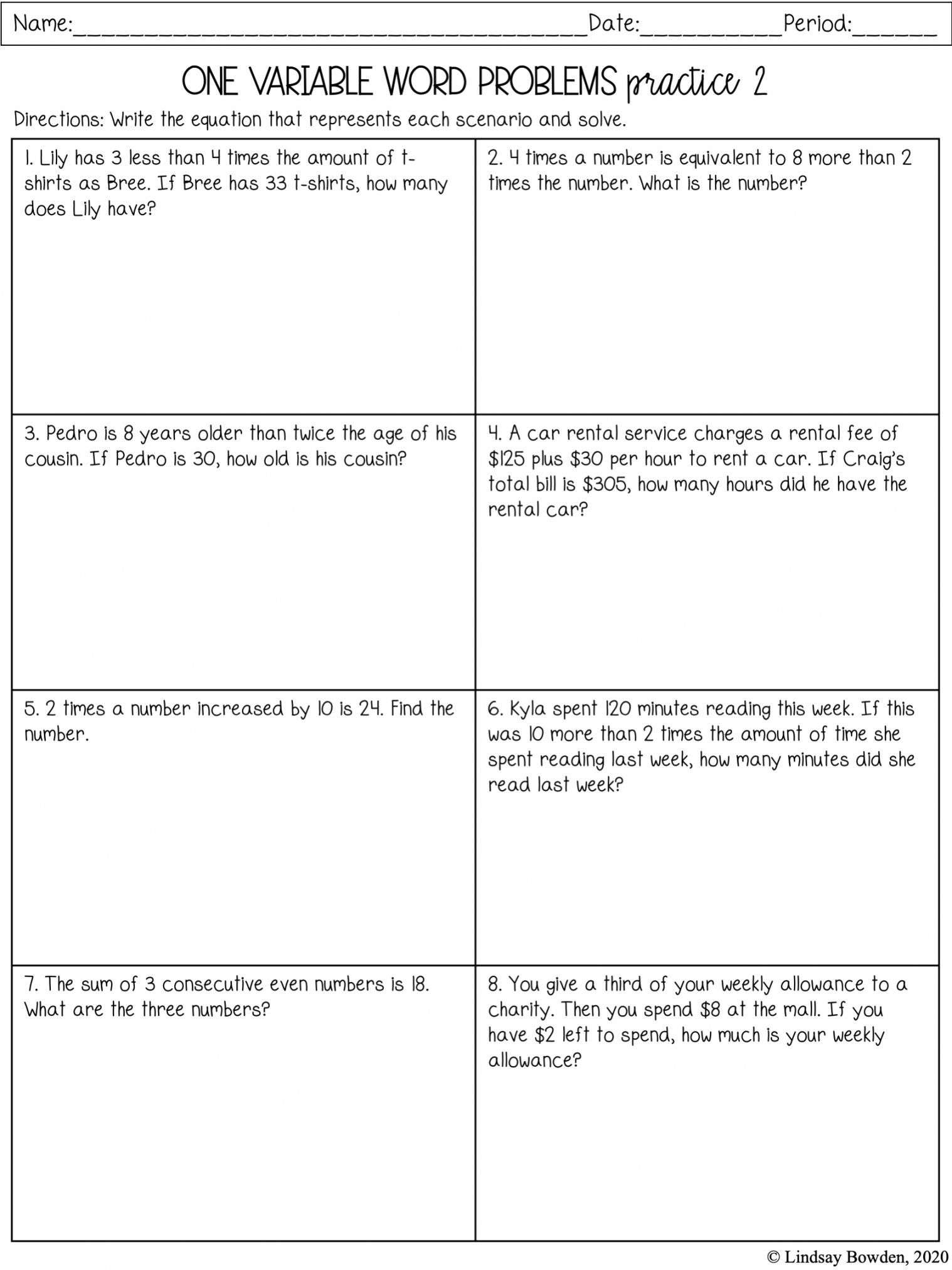One Variable Word Problems Notes and Worksheets - Lindsay Bowden