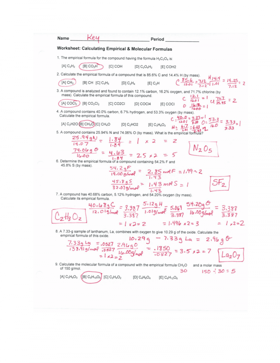 PDF CalculationG Empirical and Molecular Formulas WS Key  Study