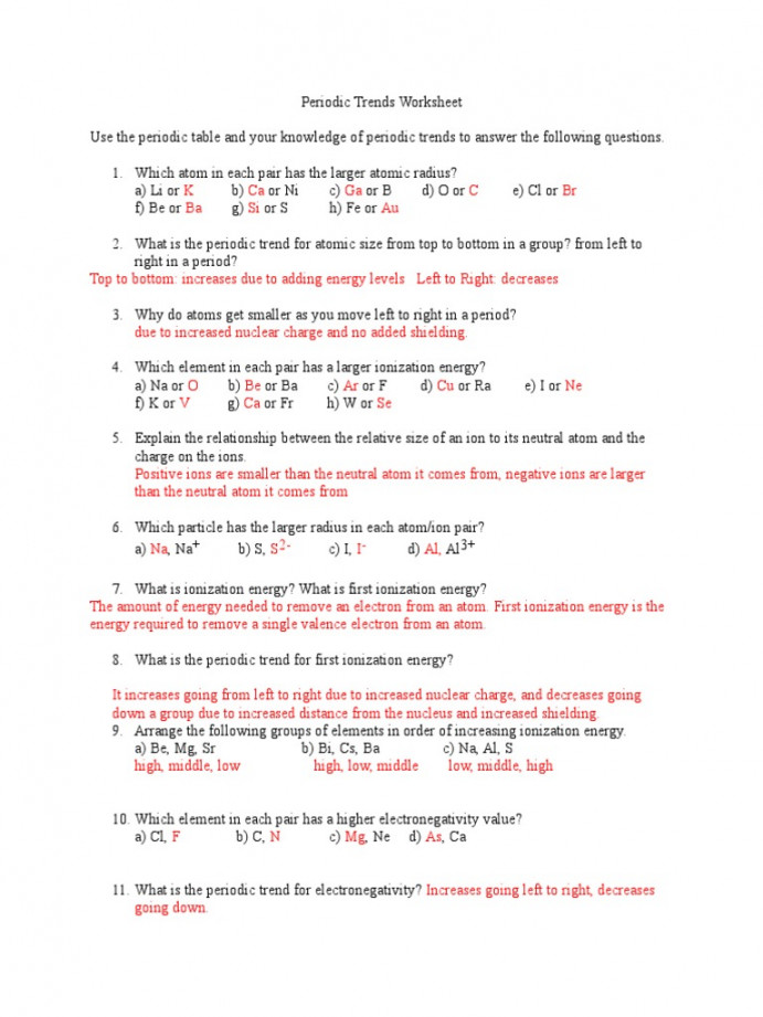 Periodic Trends Worksheet  Answers  PDF  Ion  Atoms