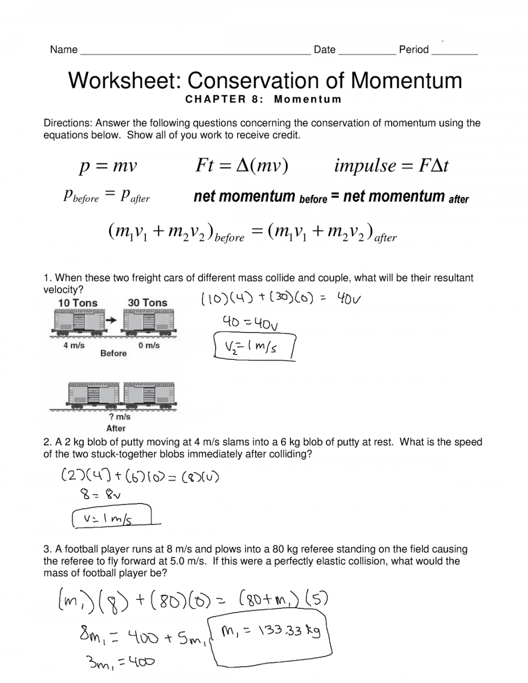 Physics Conservation of Momentum Worksheet - Name Date - Studocu