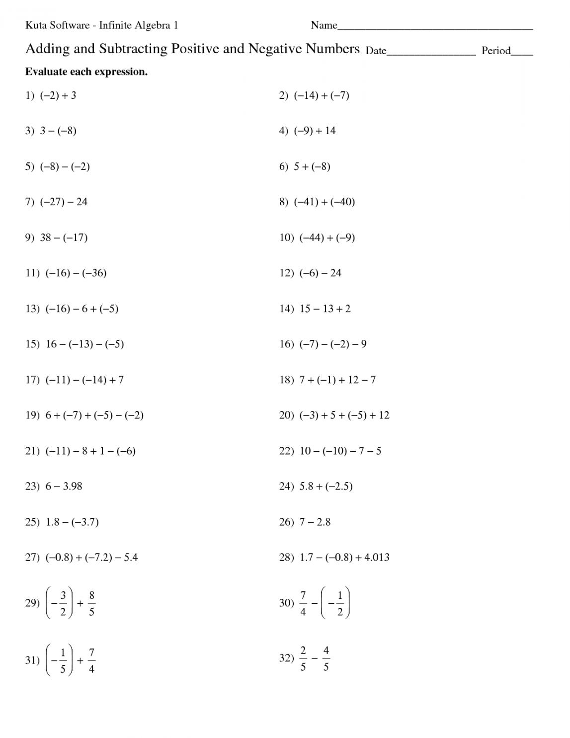 Practice adding & subtracting positive & negative numbers with