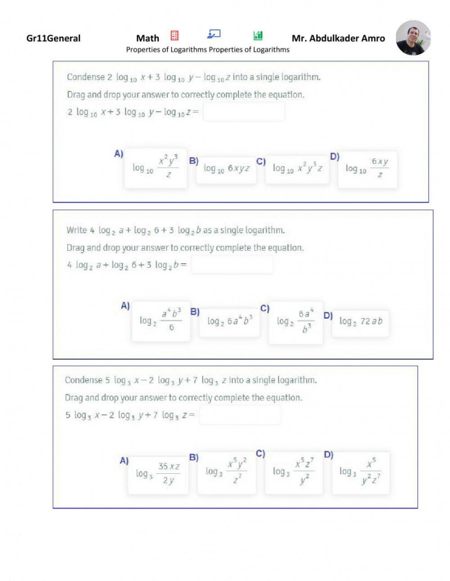 Properties of Logarithms Properties of Logarithms worksheet  Live