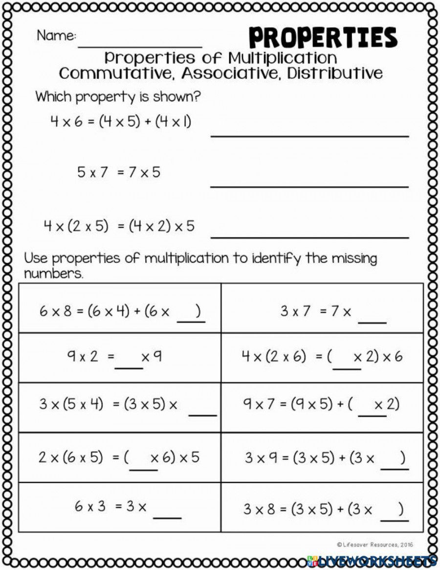 Properties of multiplication worksheet for Grade   Properties of
