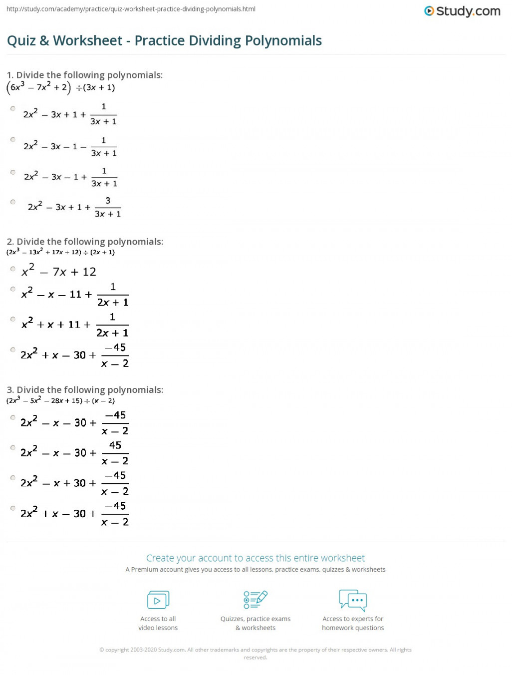 Quiz & Worksheet - Practice Dividing Polynomials  Study