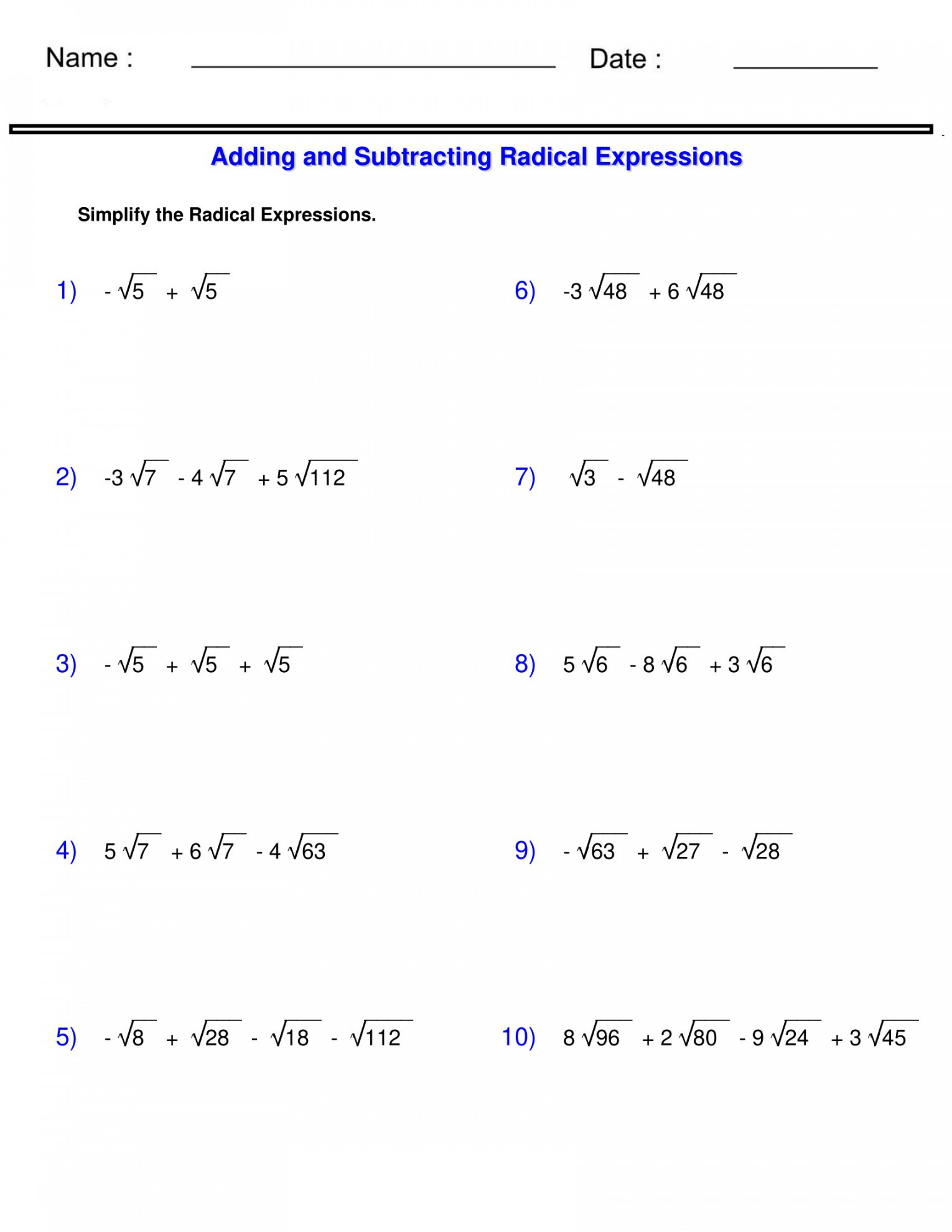 Radicals Worksheets - Adding and Subtracting Radical Expressions