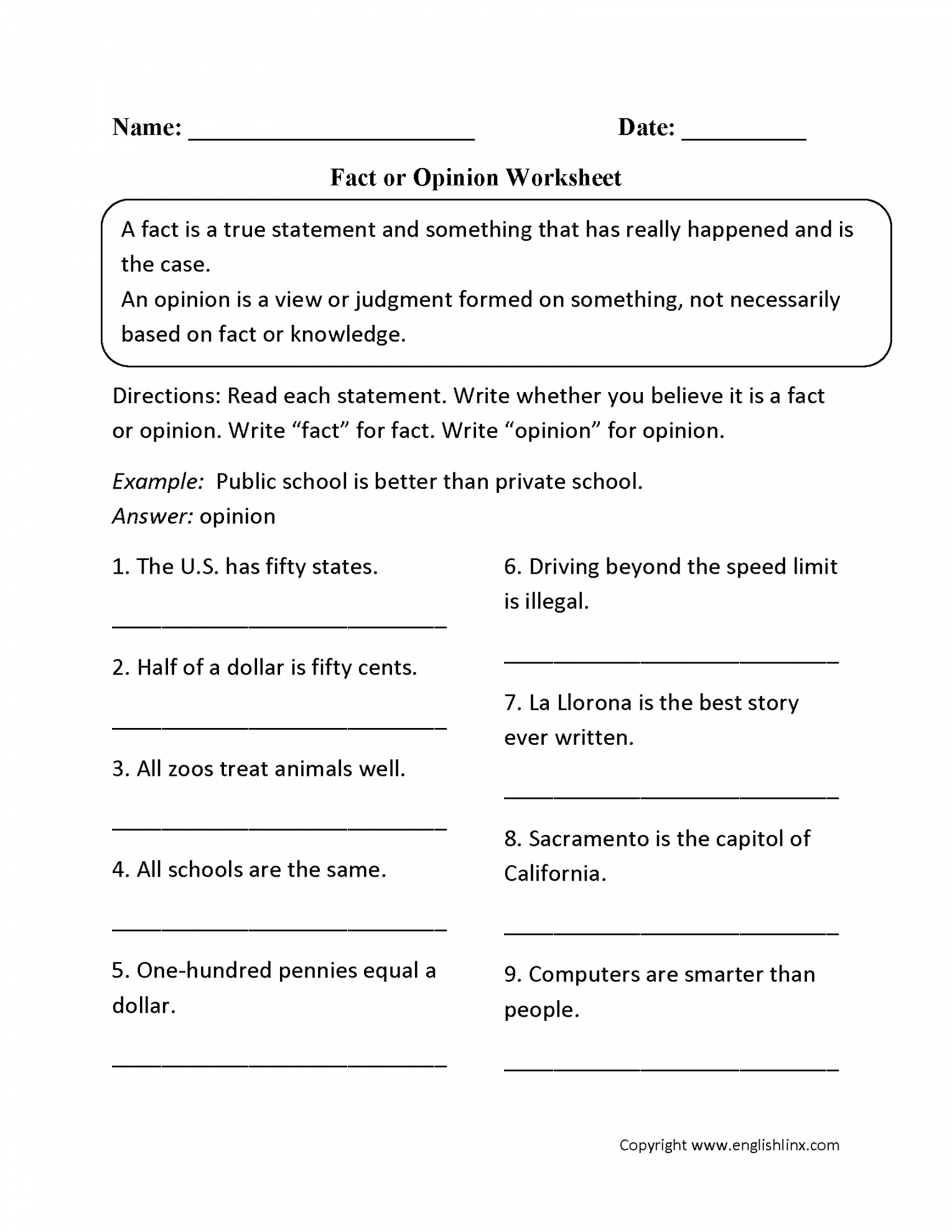 Reading Worksheets  Fact and Opinion Worksheets