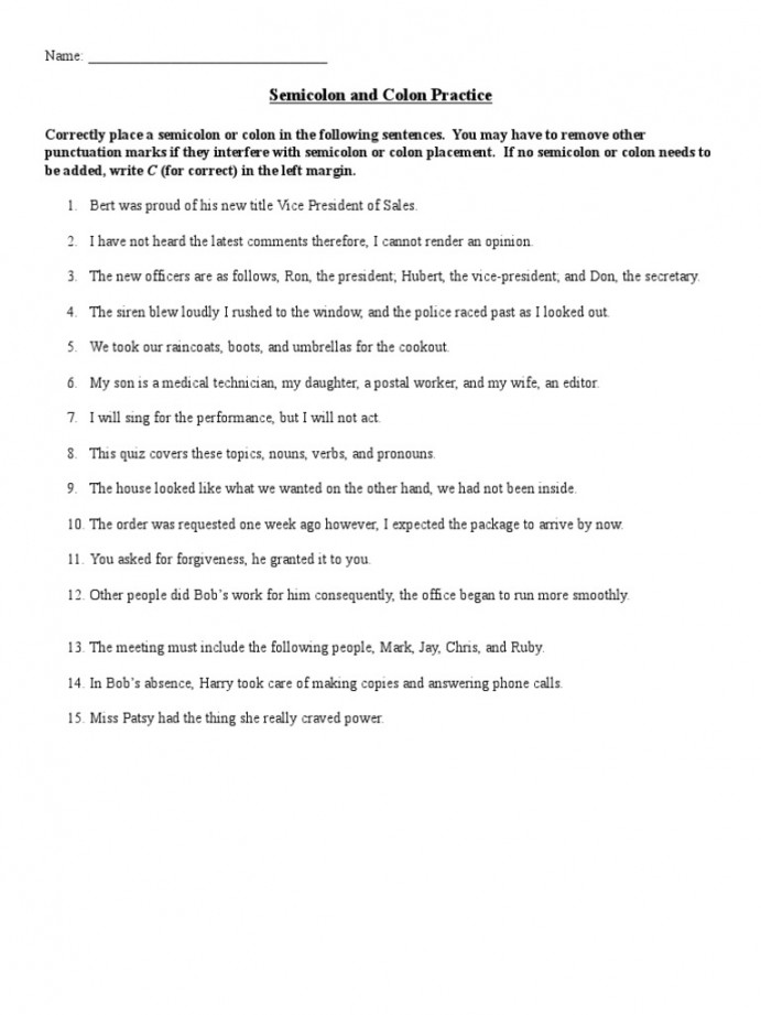 Semicolon Colon Practice Worksheet  PDF