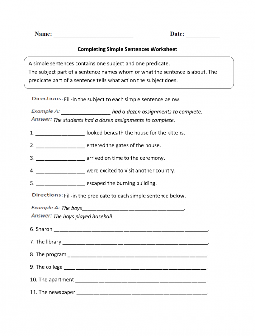 Sentences Worksheets  Simple Sentences Worksheets