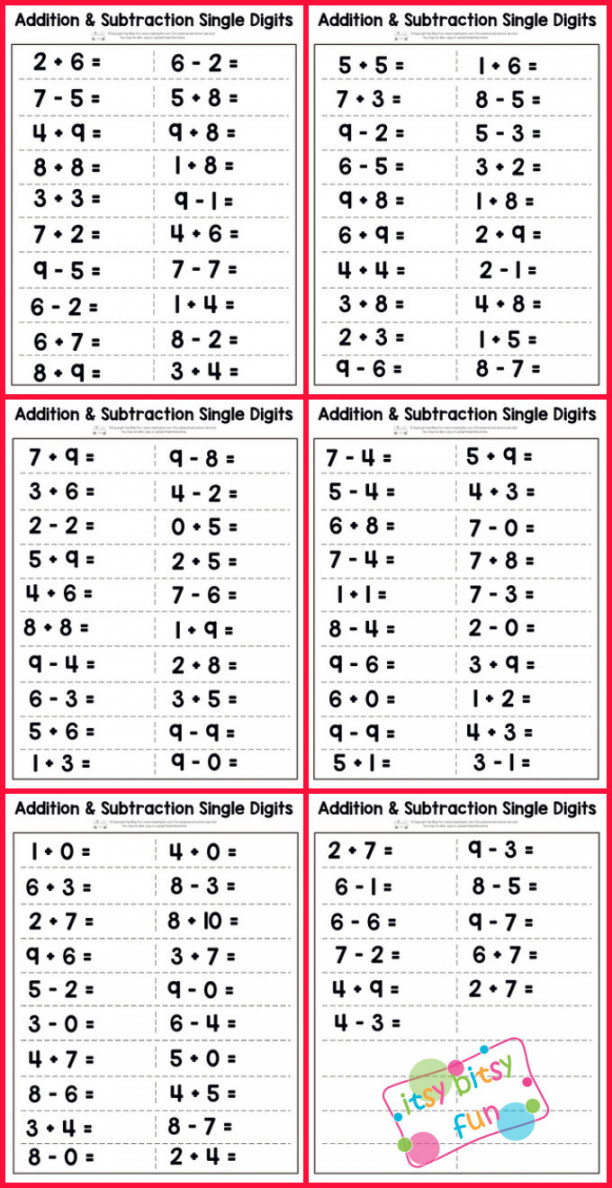 Single Digit Addition and Subtraction Worksheet - Itsy Bitsy Fun
