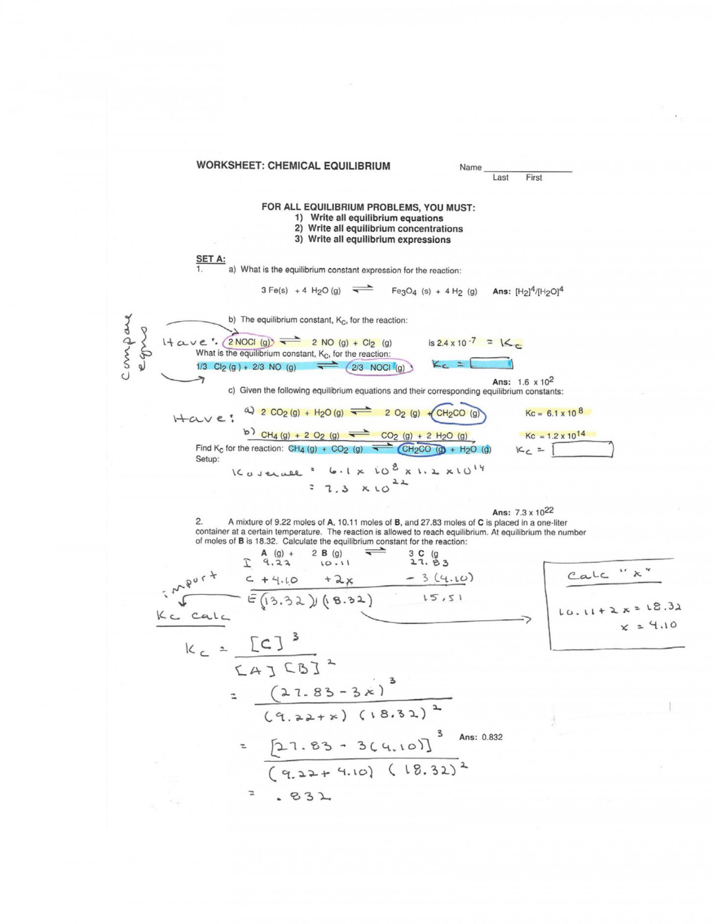 SOLUTION: chemical equilibrium worksheet - Studypool