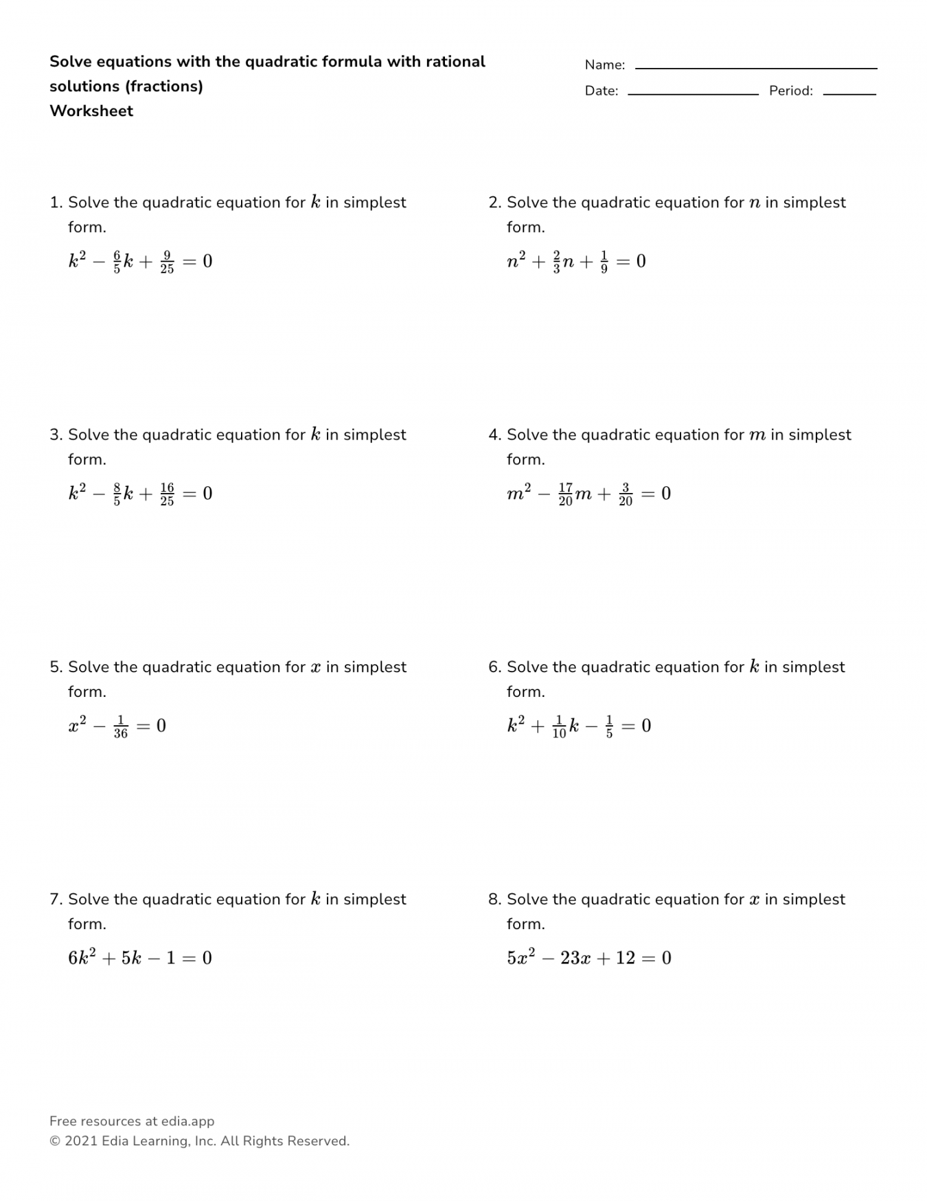 Solve Equations With The Quadratic Formula With Rational Solutions