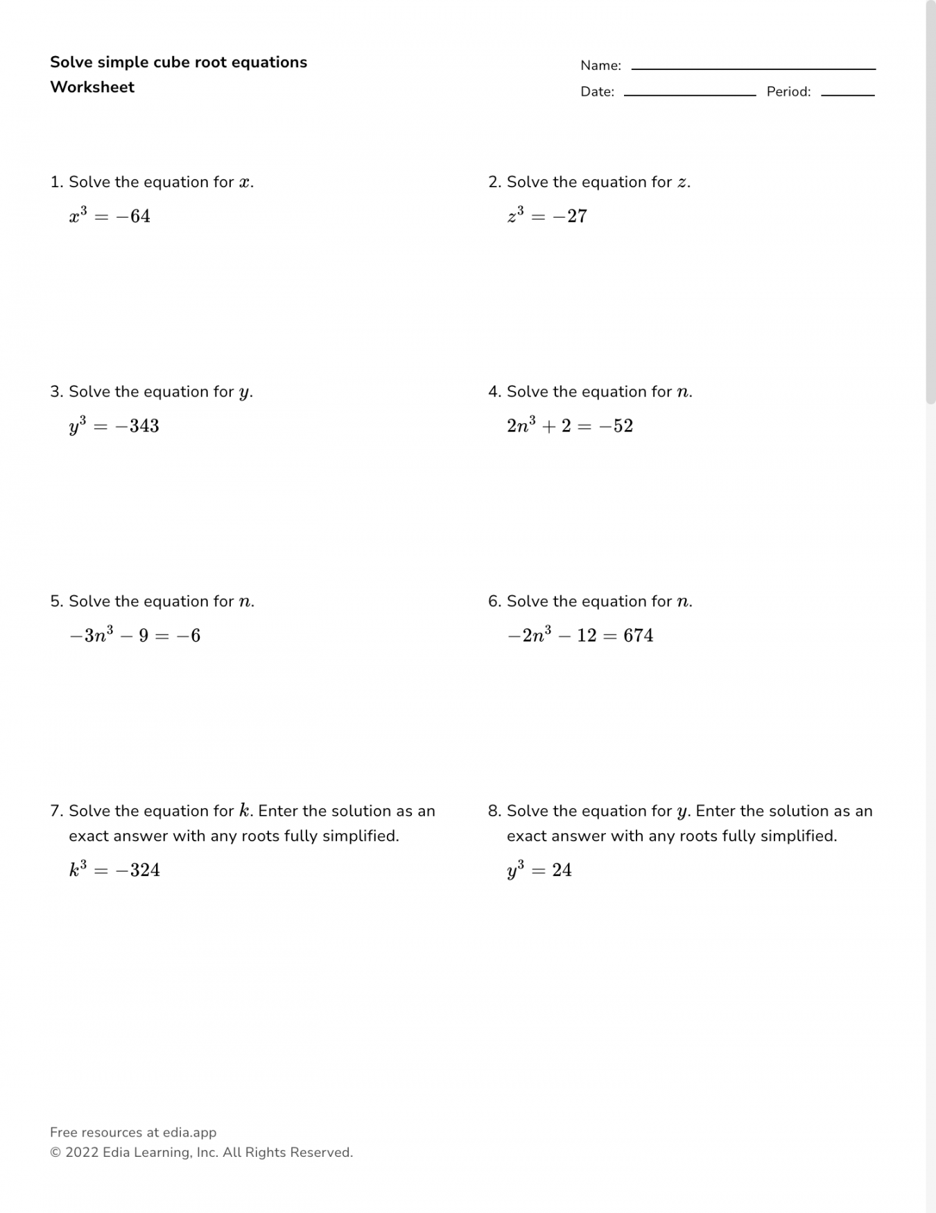 Solve Simple Cube Root Equations - Worksheet