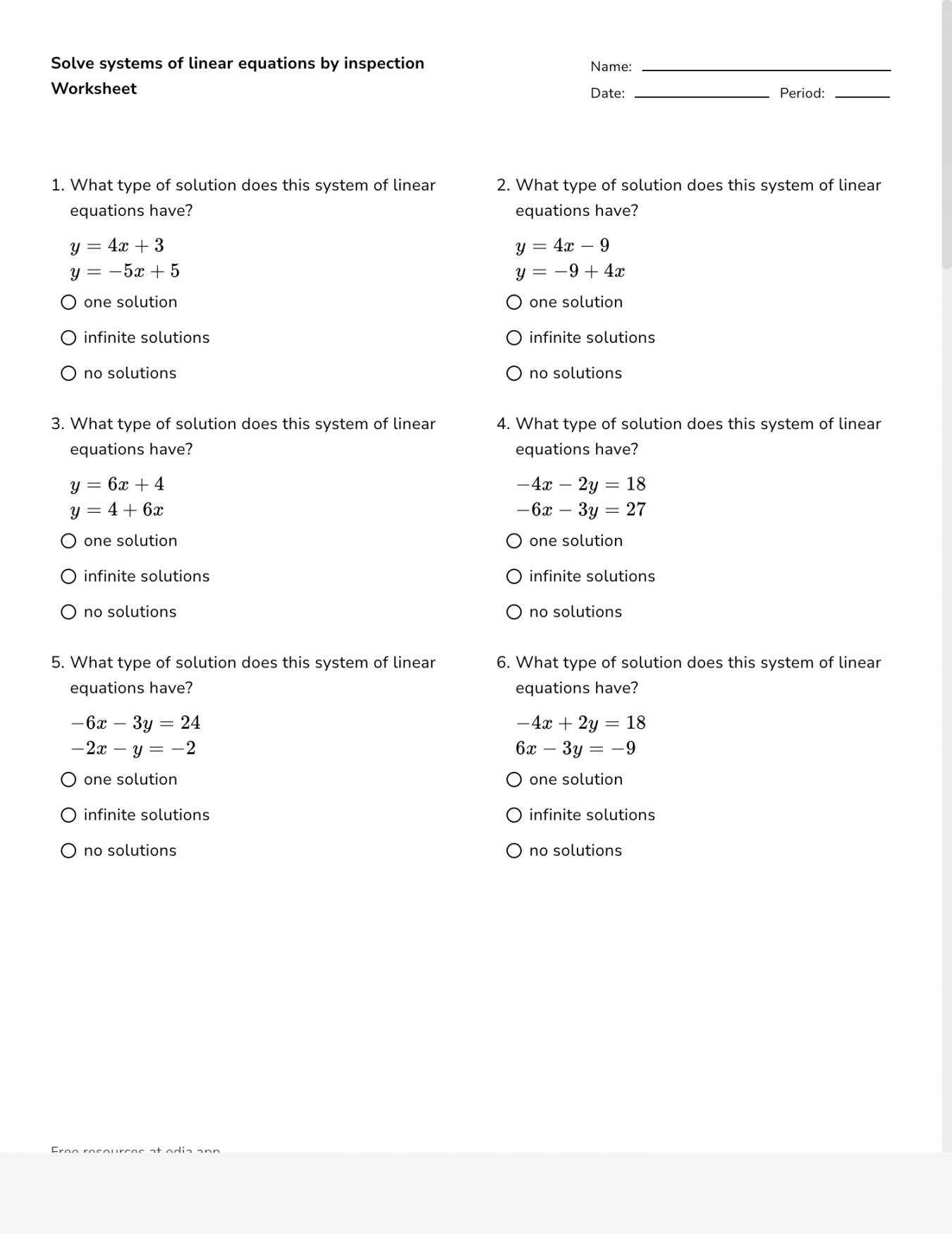 Solve Systems Of Linear Equations By Inspection - Worksheet