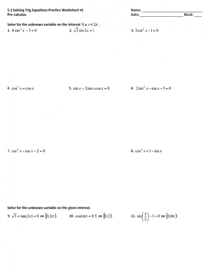 Solve Trig Equations Worksheet