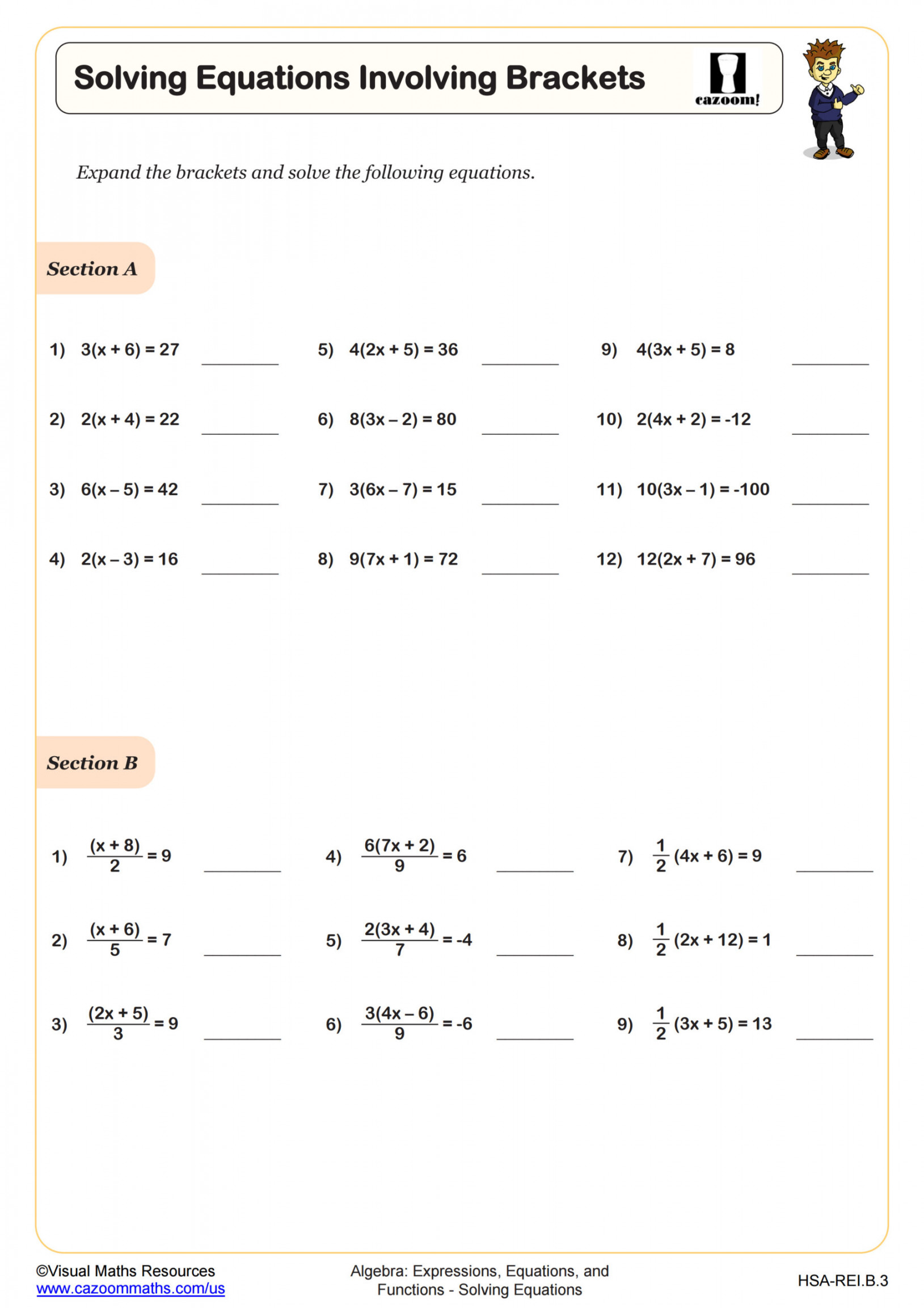 Solving Equations Worksheets PDF  Cazoom Math