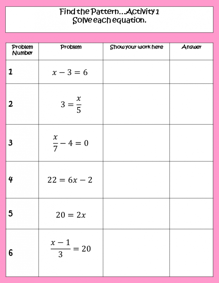 Solving One and Two Step Equations Find the Pattern Activity