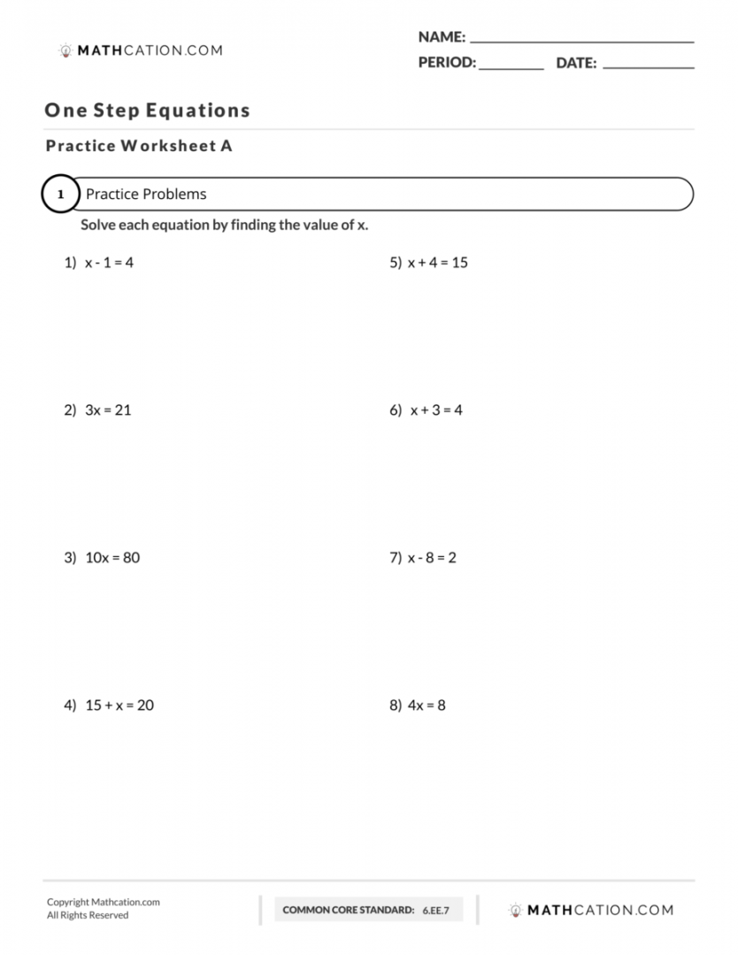 Solving One Step Equations Worksheet, Examples, Explanation