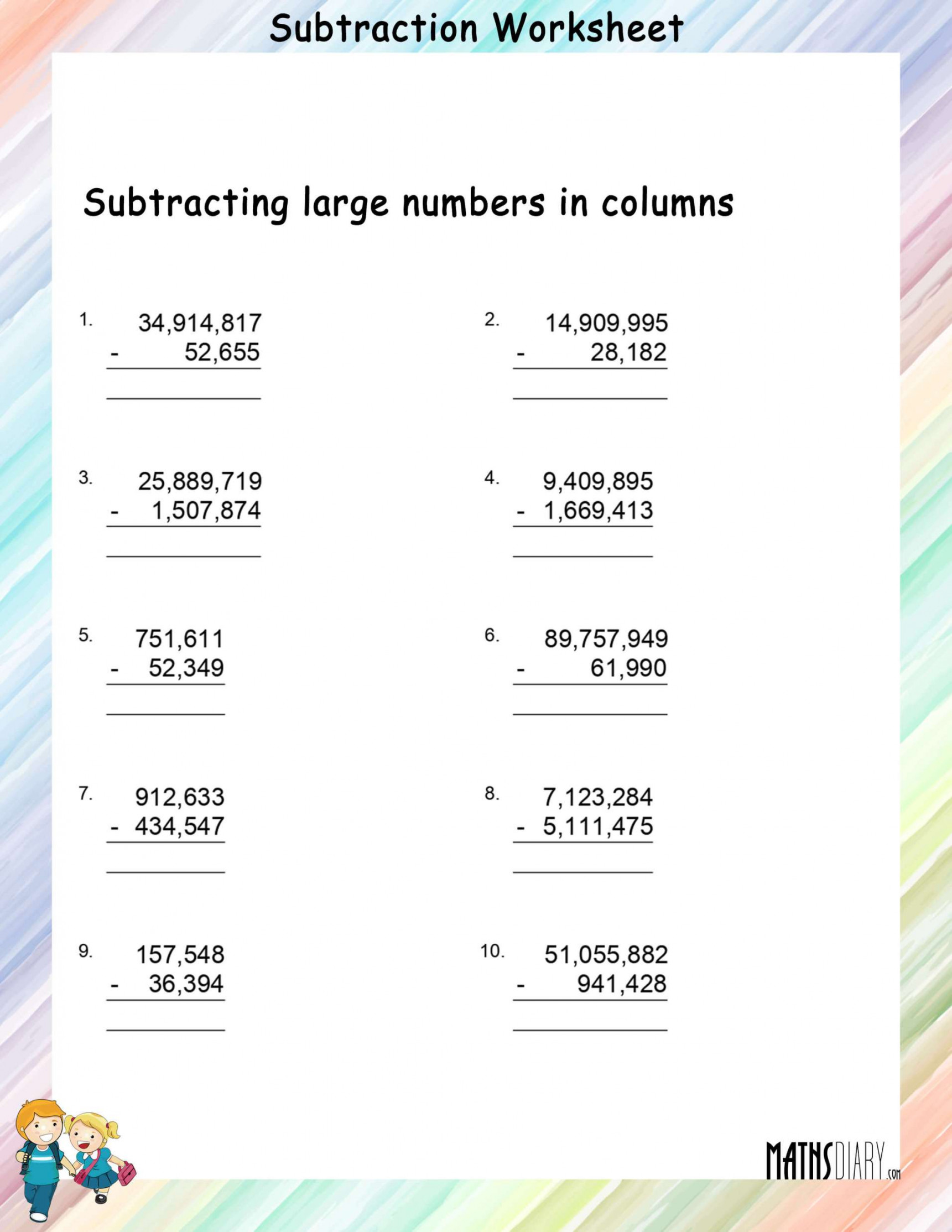 Subtracting Large Numbers - Math Worksheets - MathsDiary