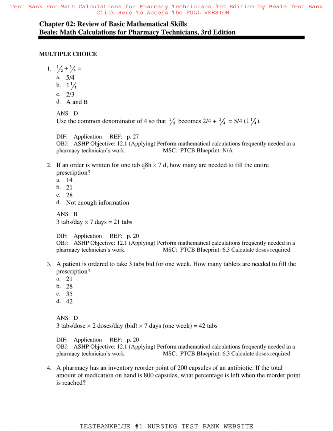 Test Bank for Math Calculations for Pharmacy Technicians rd