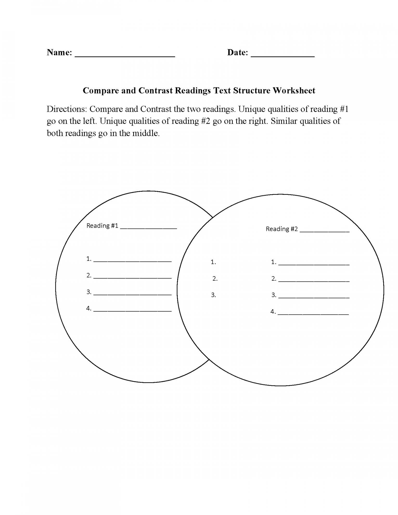 Text Structure Worksheets  Compare and Contrast Readings Text