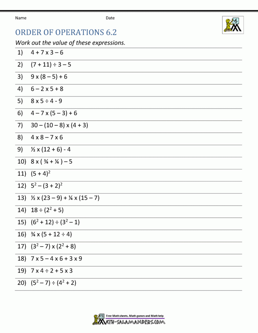 th Grade Order of Operations Worksheets