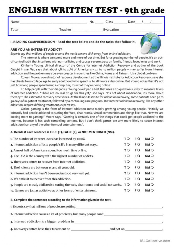 The Internet (Test th grade : English ESL worksheets pdf & doc