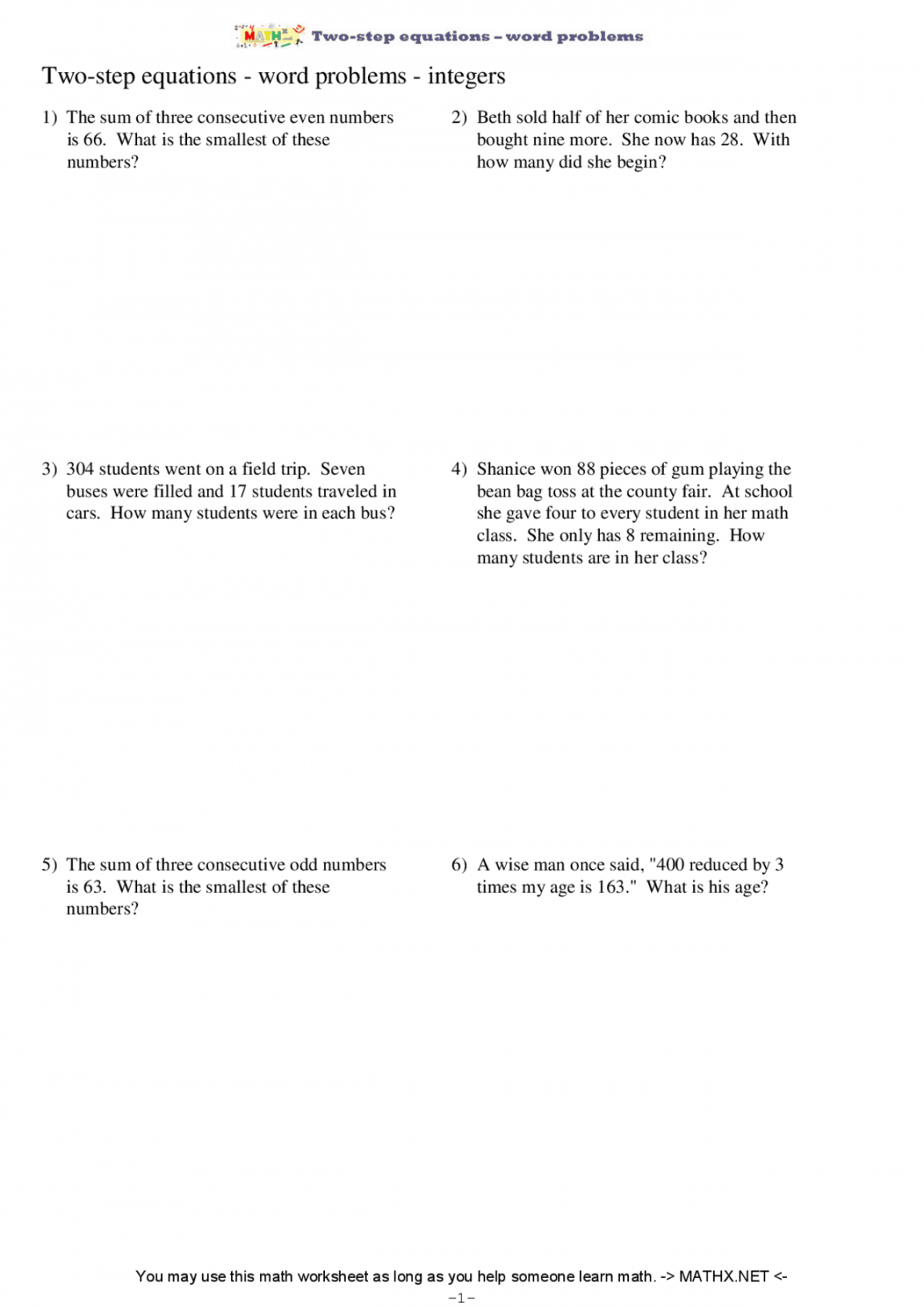 Two-step equations - word problems  Exams Linear Algebra  Docsity