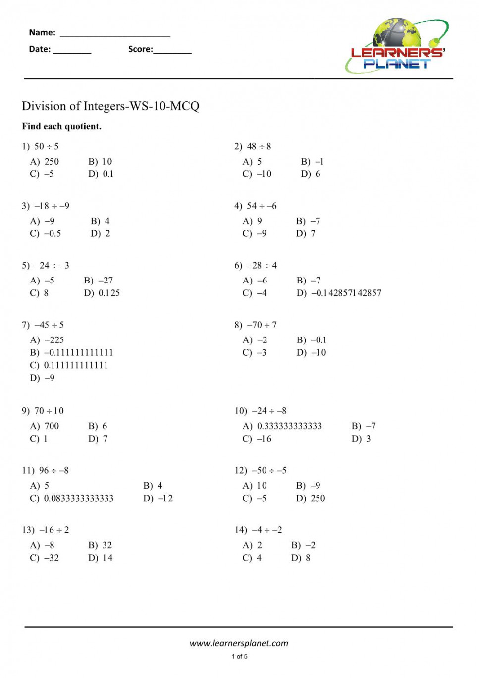 Understanding division of integers worksheets grade