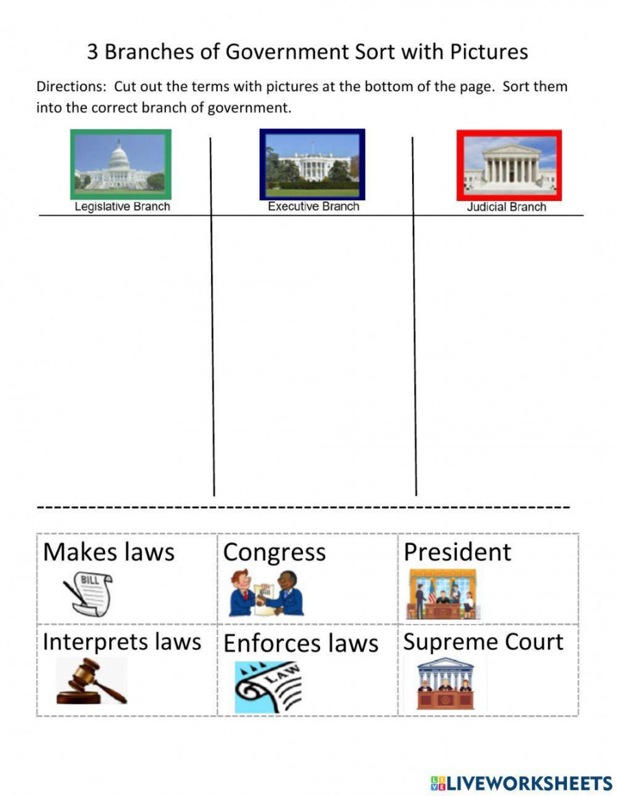 Unit B Three Branches of Government Sort w Pictures worksheet