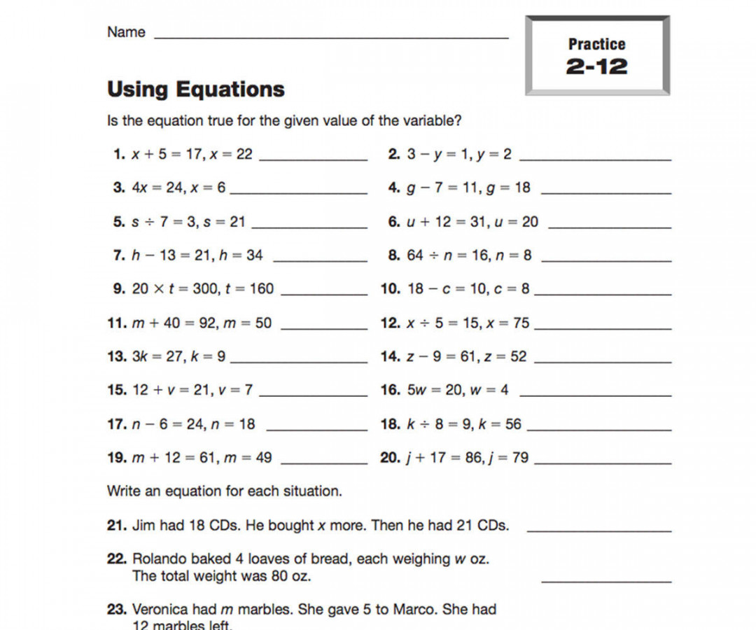 Using Equations Printable (th - th Grade) - TeacherVision