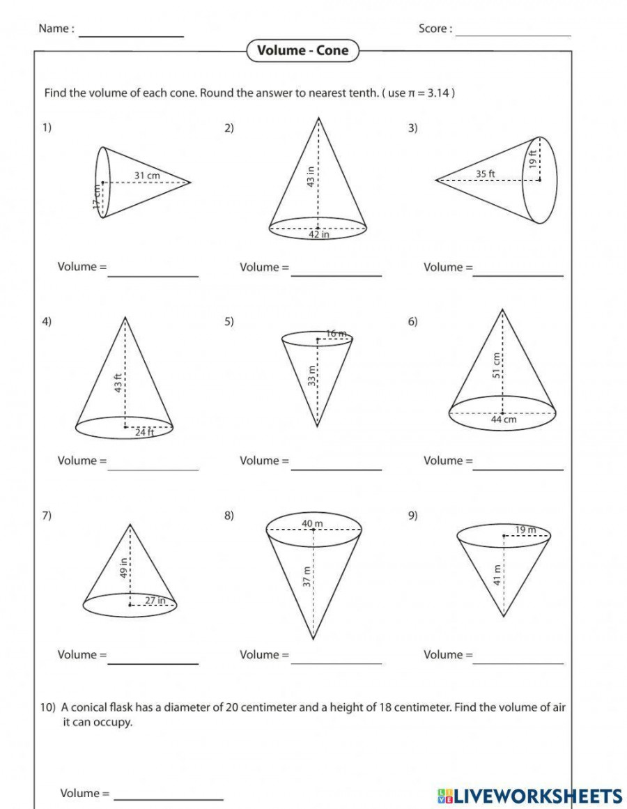 Volume of a Cone worksheet  Live Worksheets