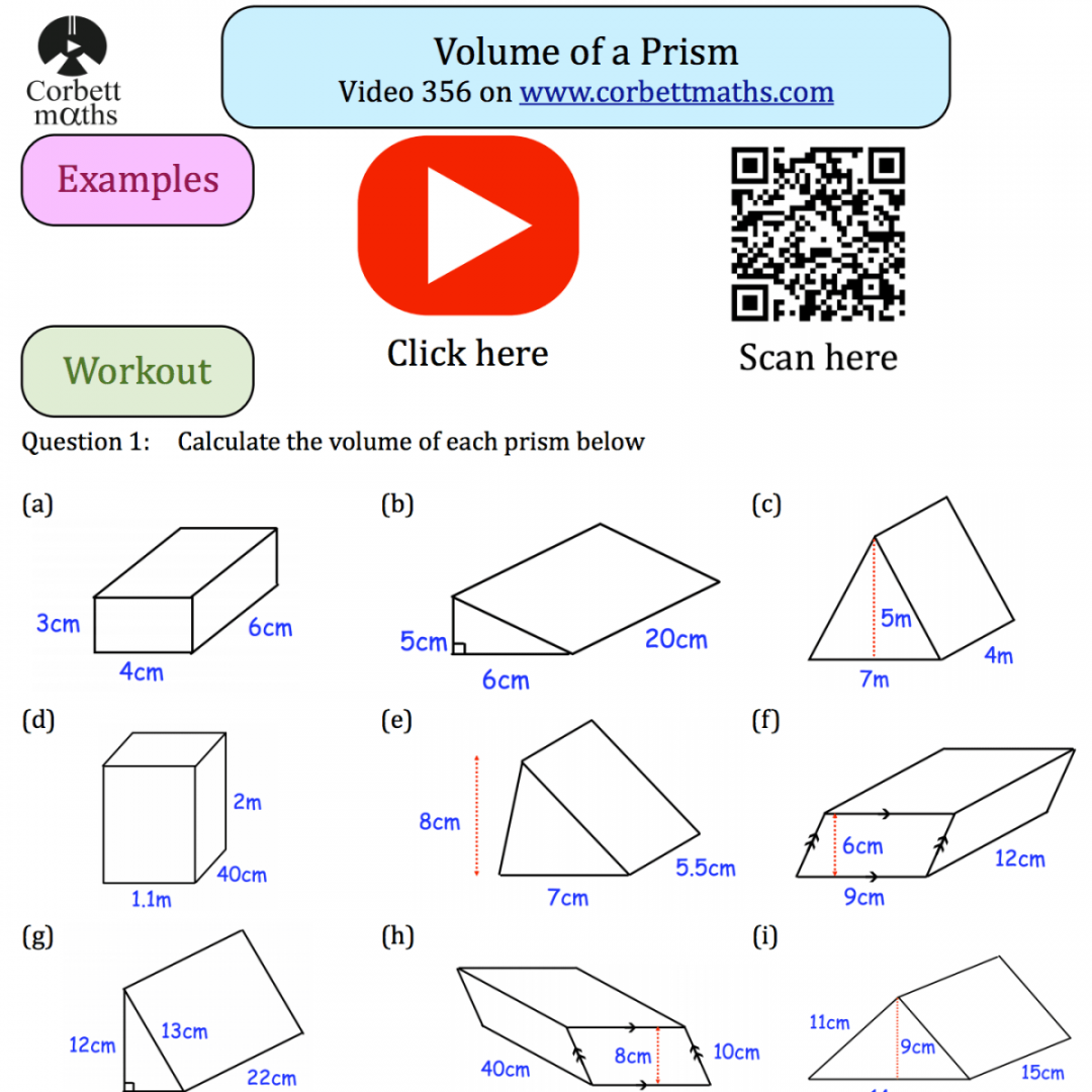 Volume of a Prism Textbook Exercise – Corbettmaths