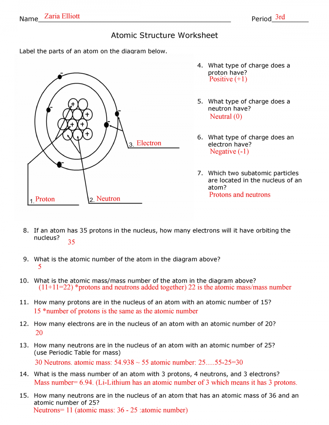 WK Number  Atomic Structure Chemistry  Worksheet Assignment with