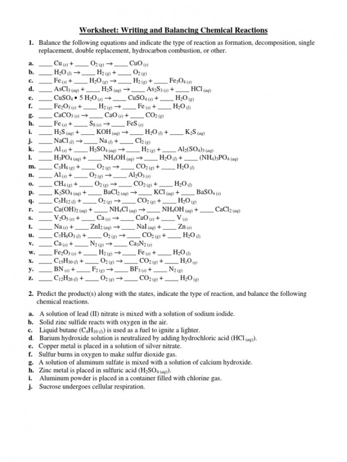 Worksheet - Balancing Chemical Equations With Type of Reaction
