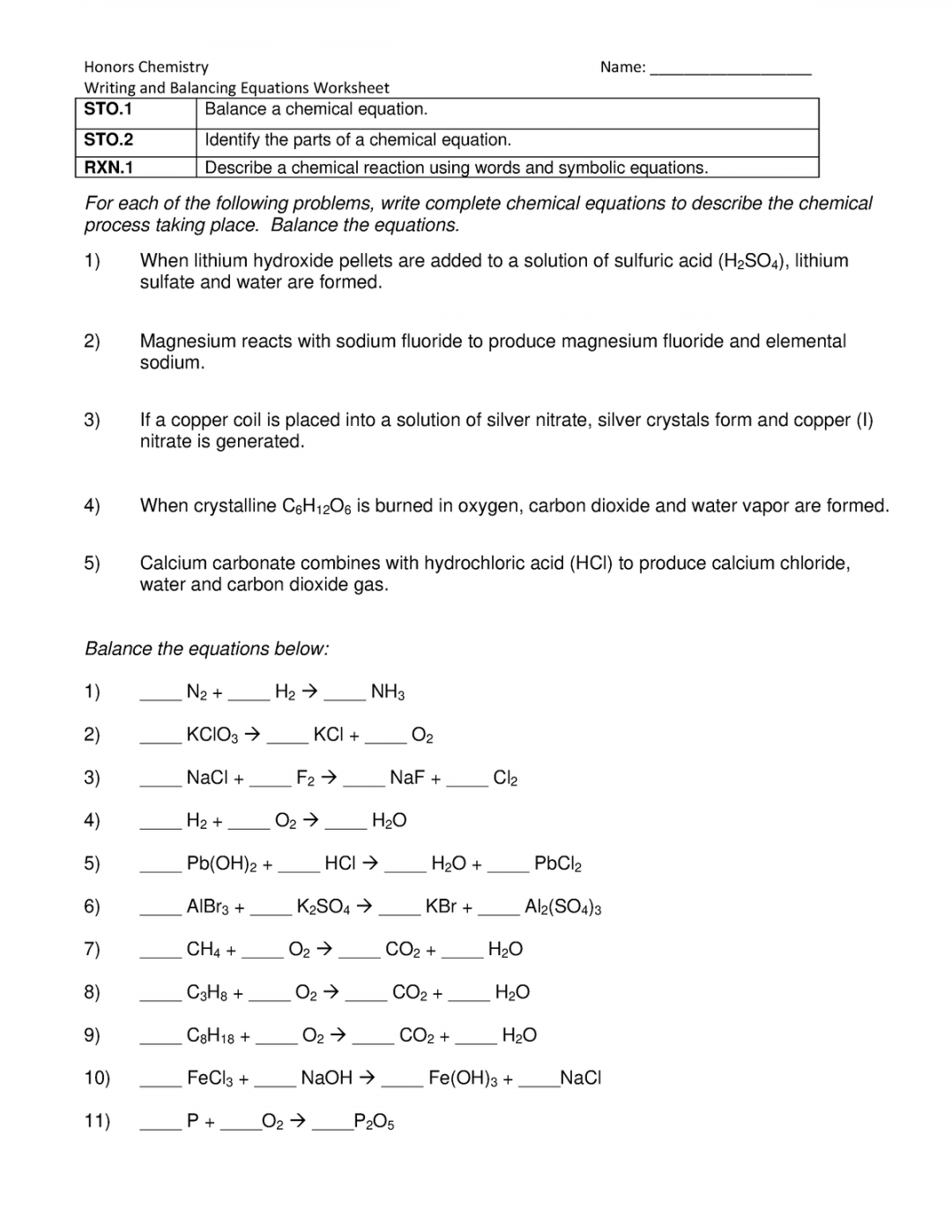 Worksheet Balancing Equations w/ Answers - Writing and Balancing