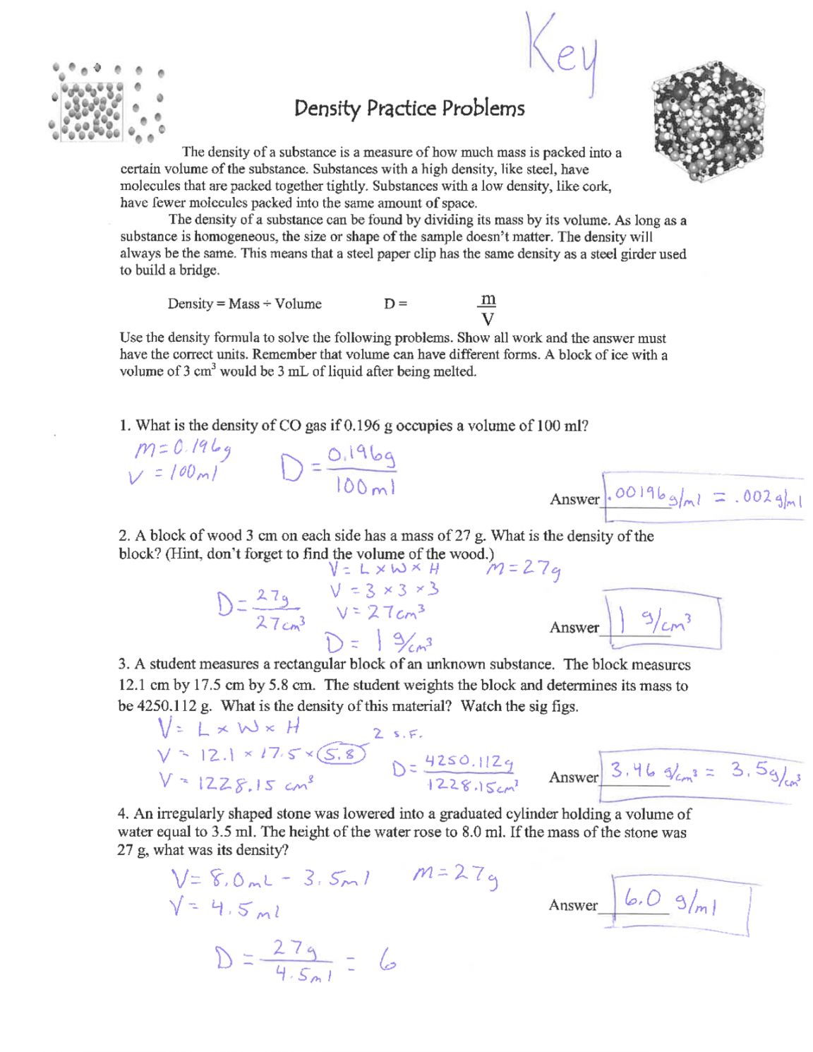 Worksheet Density Practice Problems with Answers  Exercises