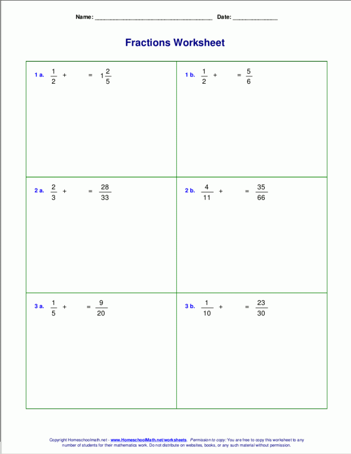 Worksheets for fraction addition