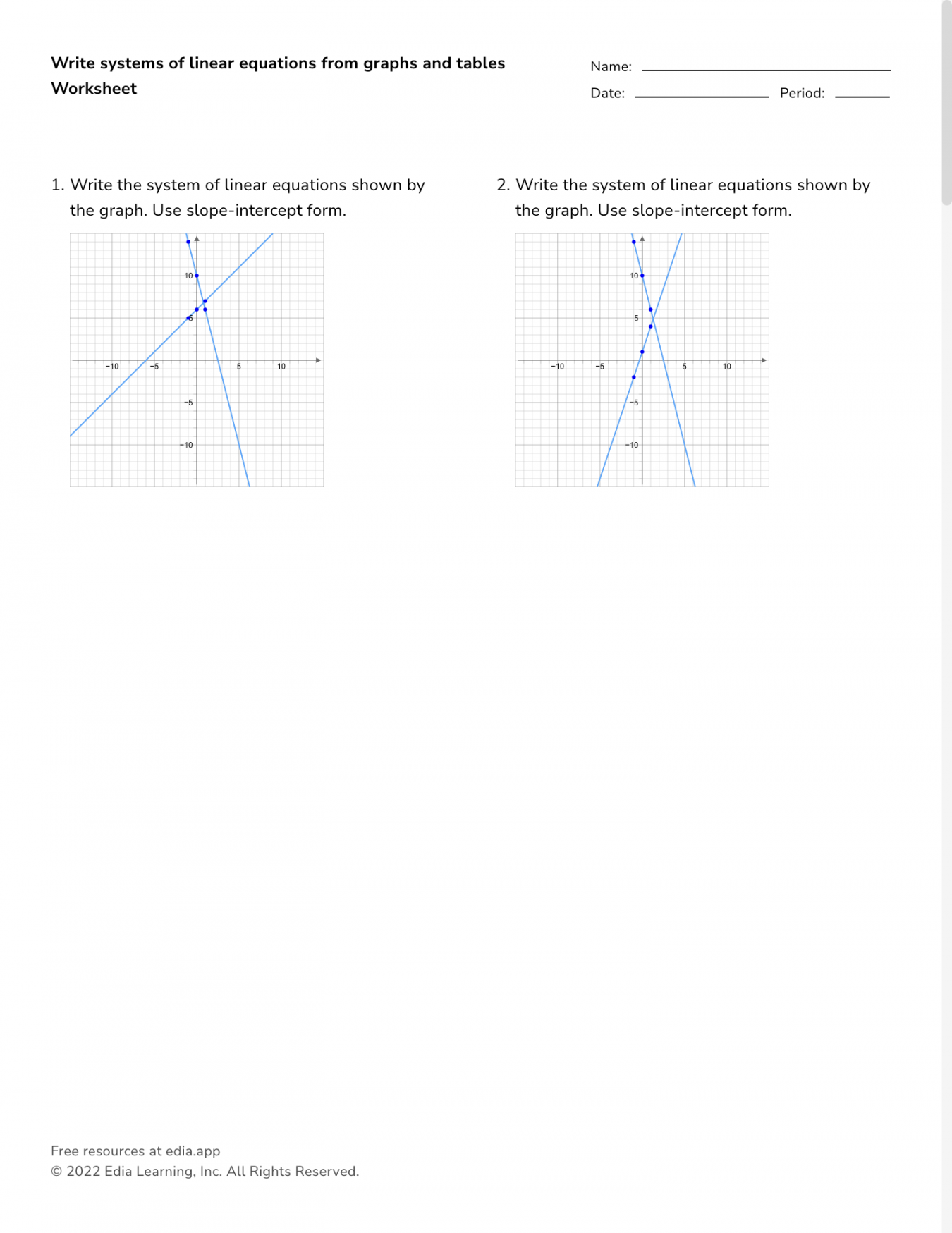 Write Systems Of Linear Equations From Graphs And Tables - Worksheet