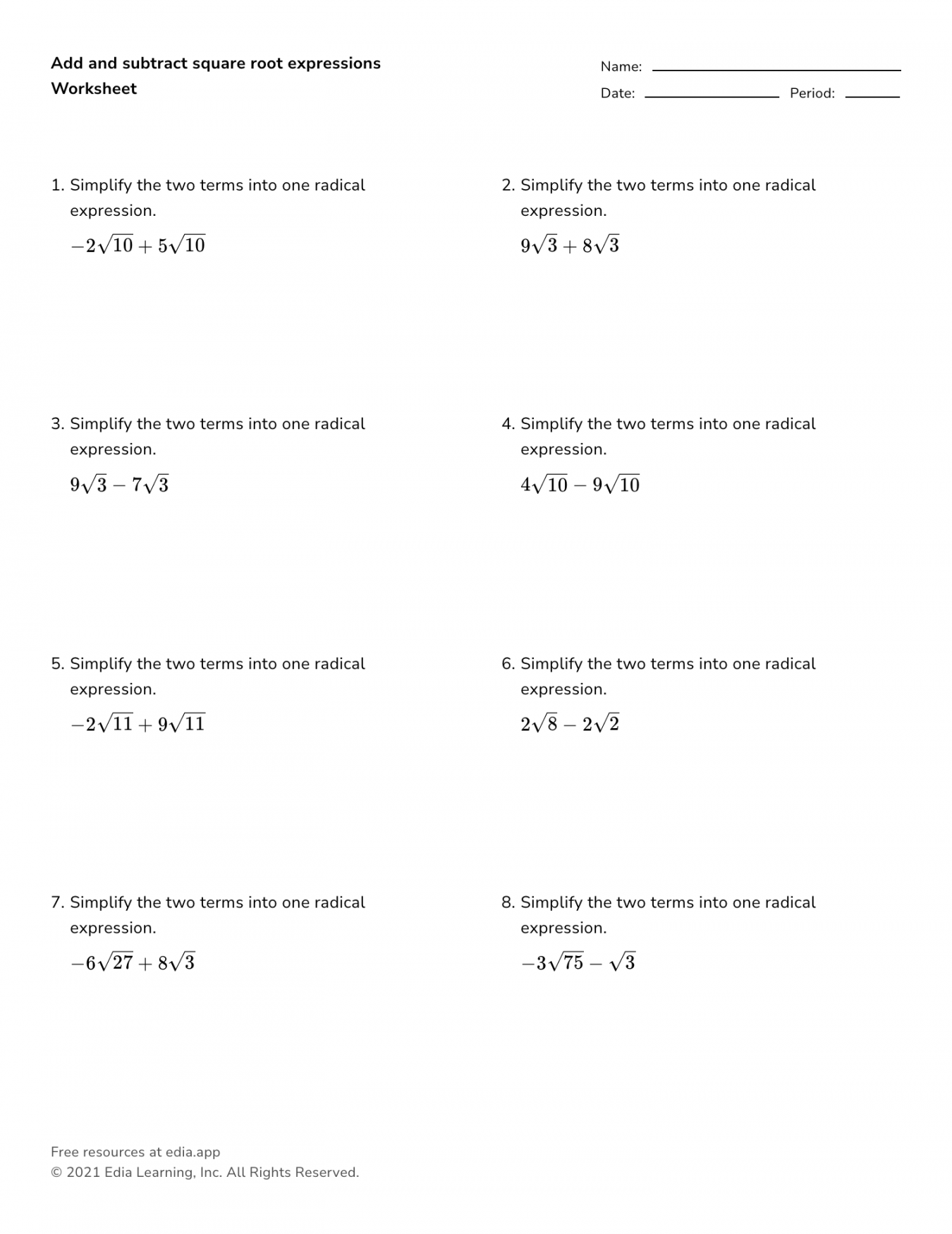 Add And Subtract Square Root Expressions - Worksheet