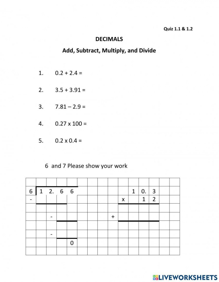 Add, Subtract, Multiply, Divide Decimals worksheet  Live Worksheets