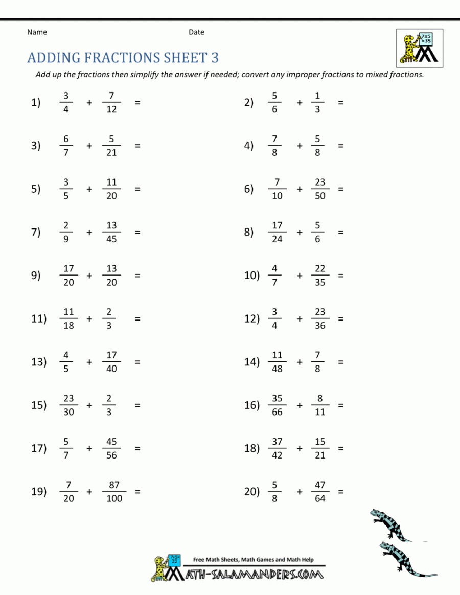 Adding Fractions Worksheets