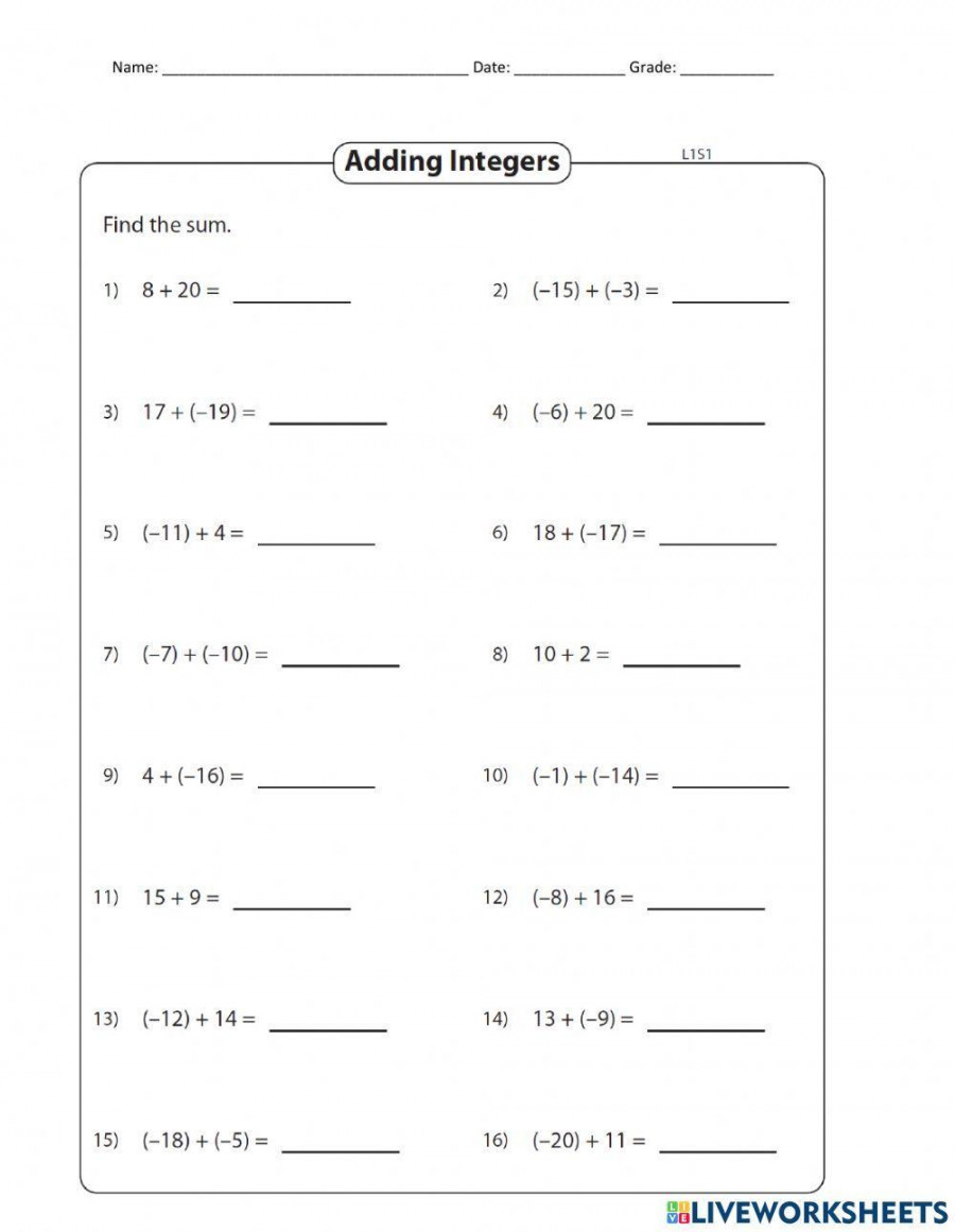 Adding Integers interactive activity  Live Worksheets