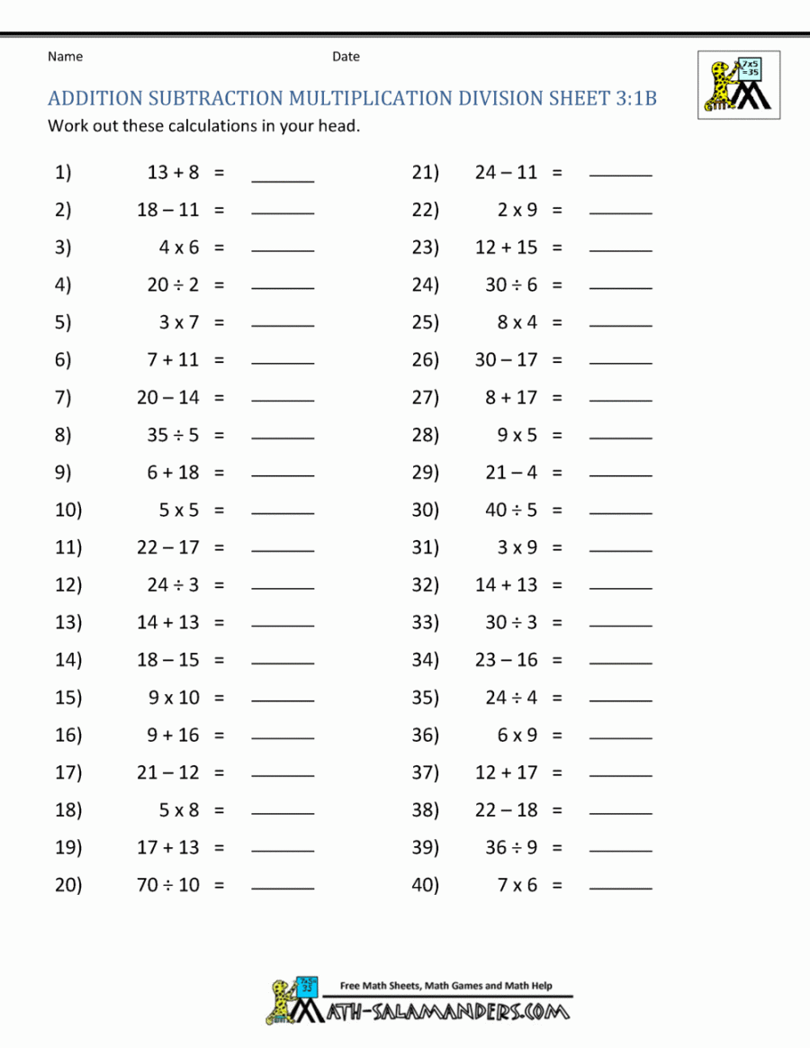 Addition Subtraction Multiplication Division Worksheets