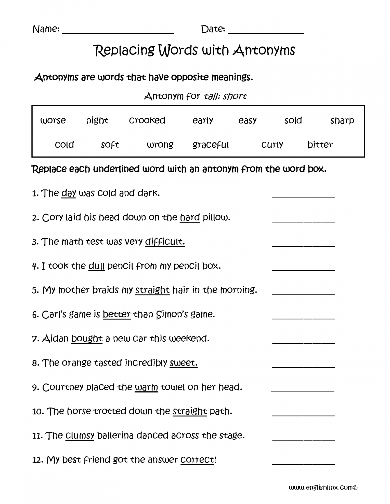 Antonyms Worksheets  Replacing Words with Antonyms Worksheets