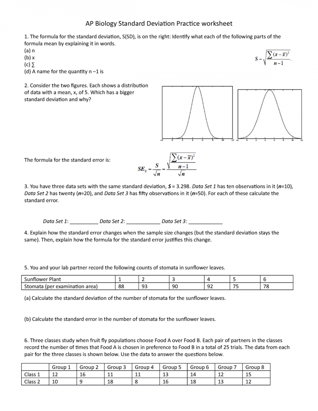 AP Biology Standard Deviation Practice worksheet - (a) n (b) x (c