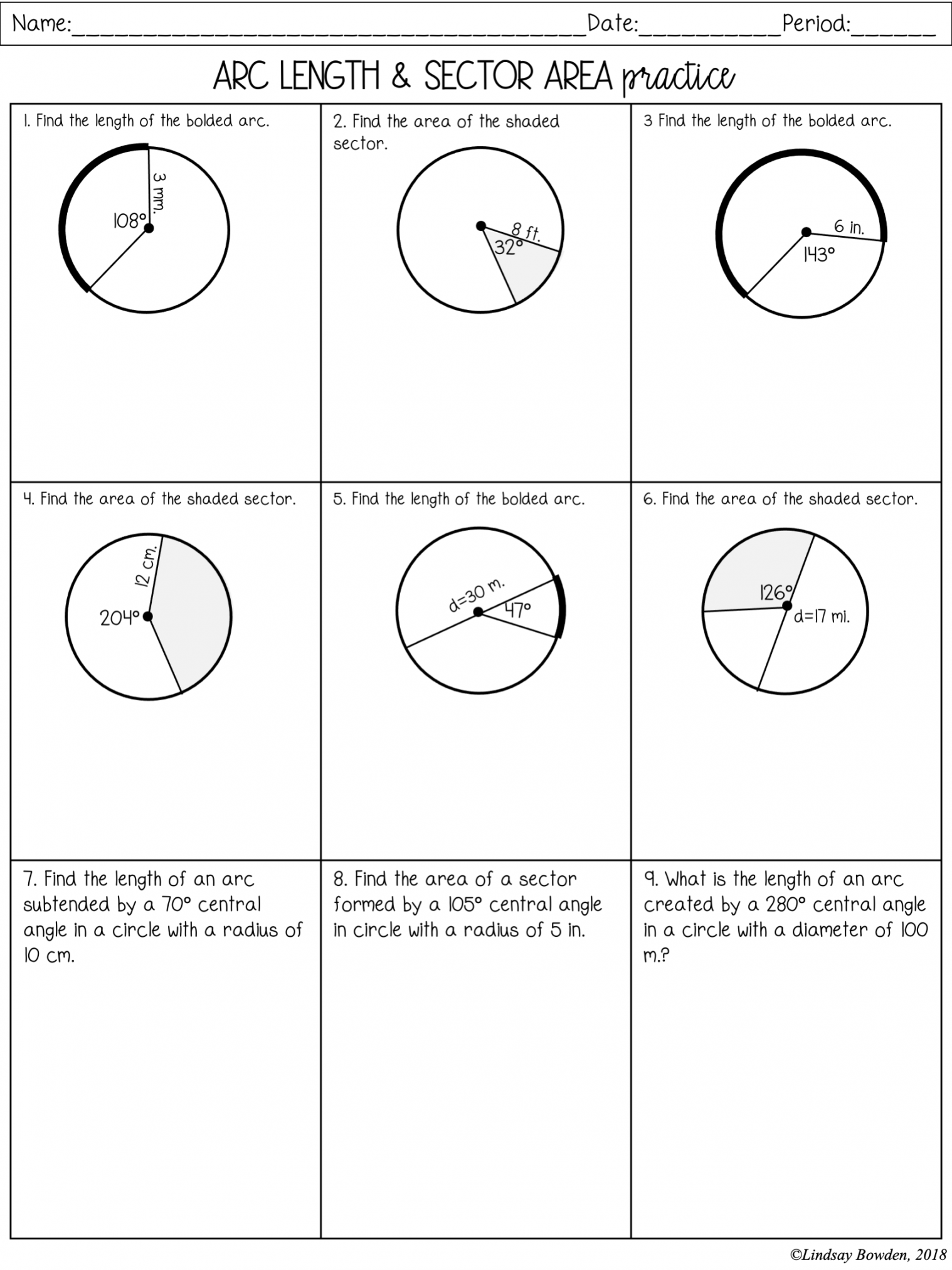 Arc Length and Sector Area Notes and Worksheets - Lindsay Bowden