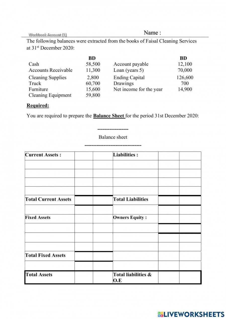 Balance Sheet worksheet  Live Worksheets