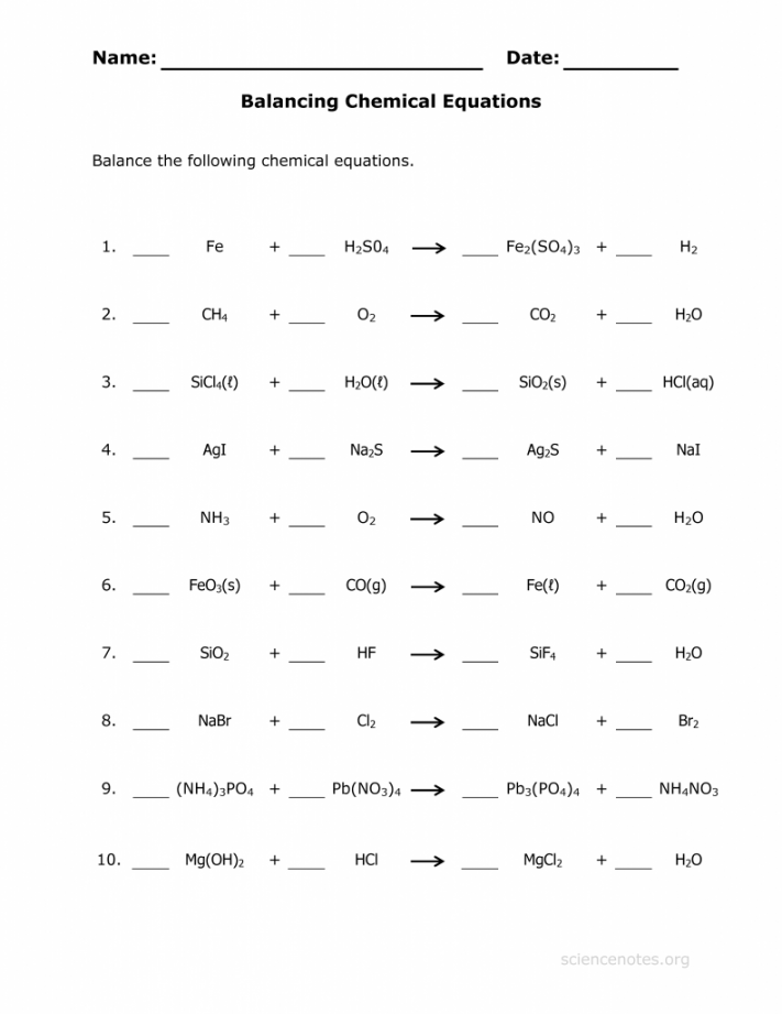 Balancing Chemical Equations Worksheet