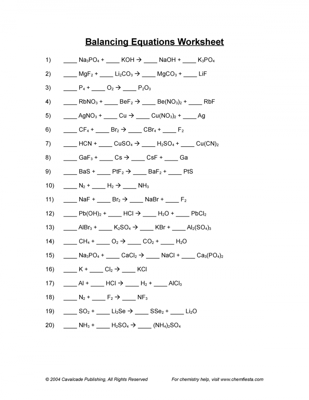 Balancing equations  (Practice) - Balancing Equations Worksheet