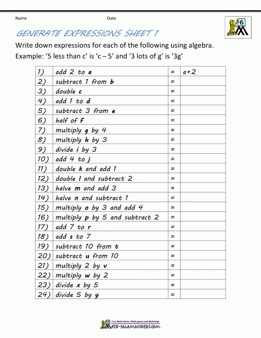 Basic Algebra Worksheets